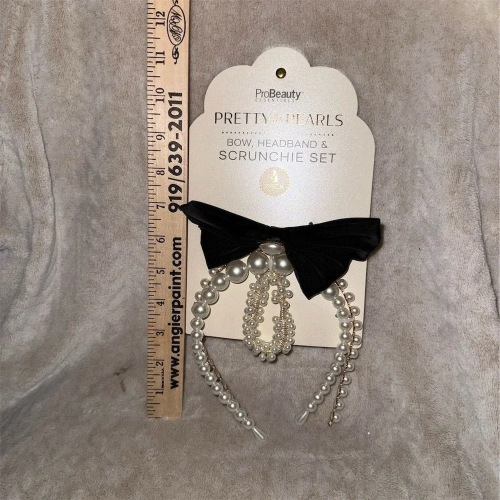Black Velvet Pearl Bow Headband & Scrunchie Set for Women preppy‎ old money